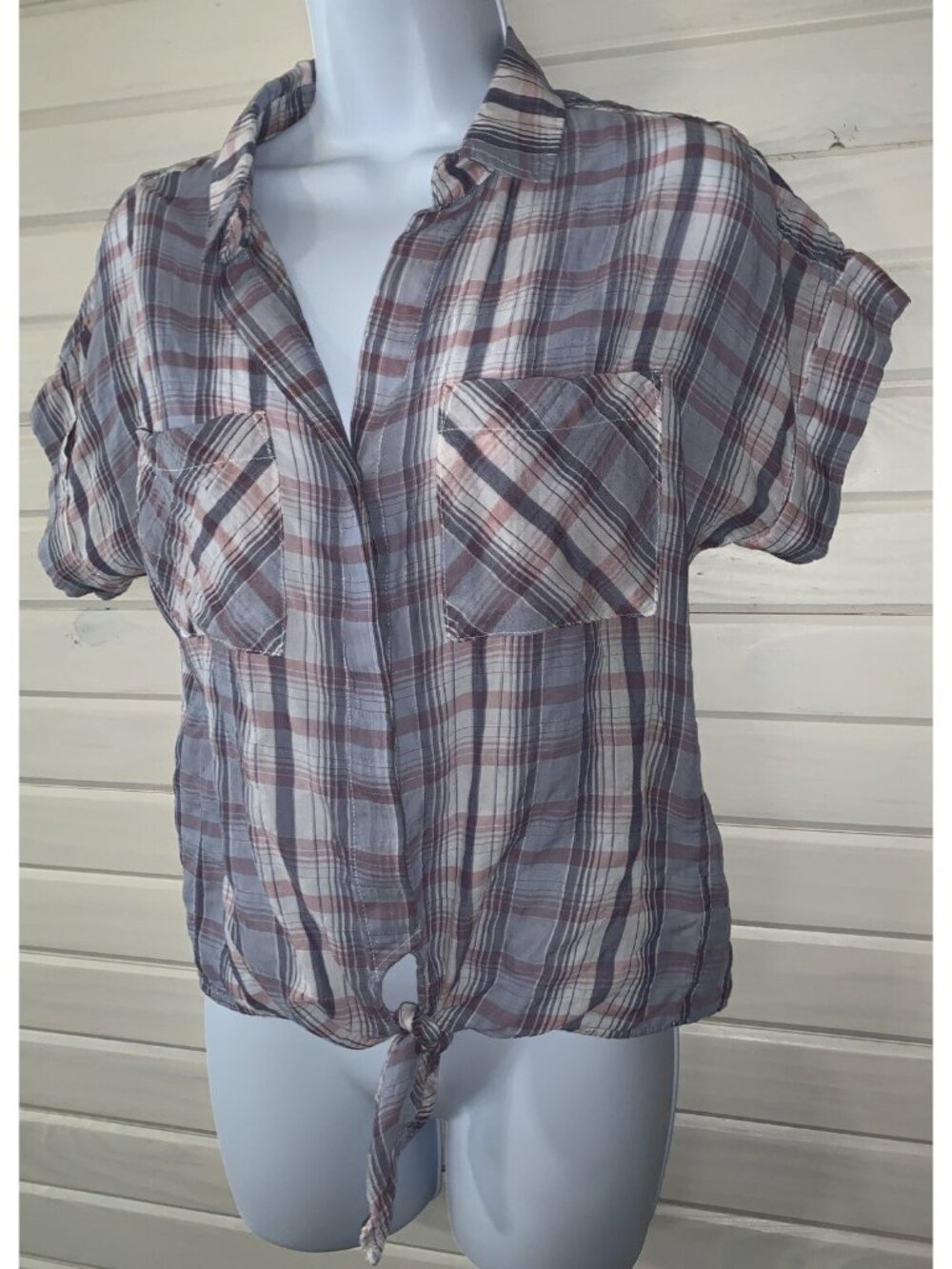 Cloth & Stone Anthropologie Sz XS Liya Blue Pink Plaid Tie Knot Button Up Shirt